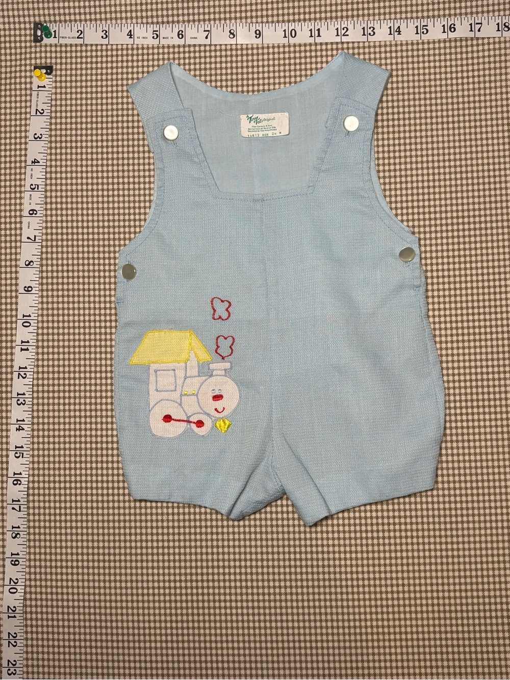 Vintage Tiny Tots Train Bubble Romper 24M Blue Embroidered Shortall